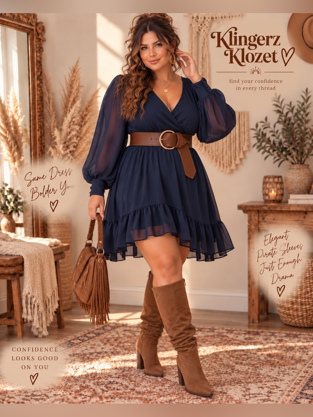 Dex 3X Navy Chiffon Boho Dress Sheer Bishop Sleeves Ruffle Hem Plus Size